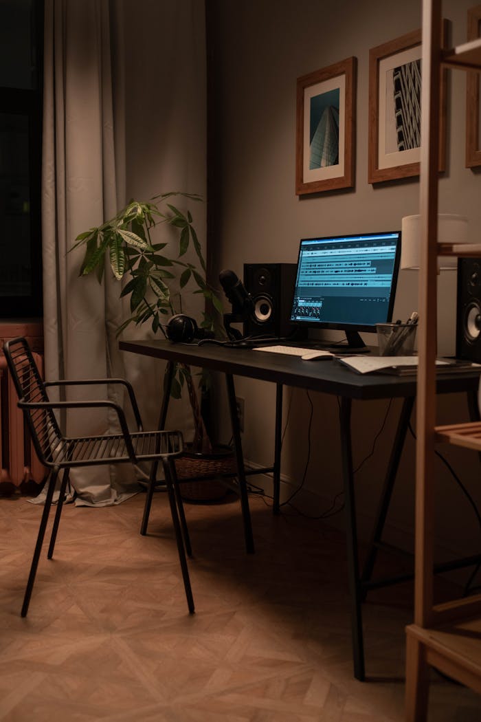 A cozy home recording studio with a monitor, speakers, and a stylish chair.